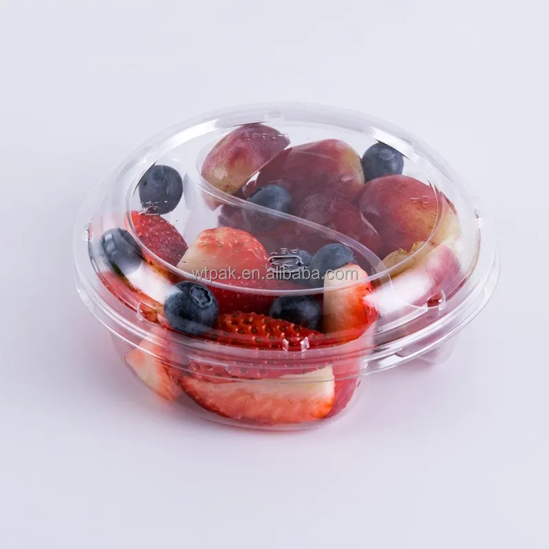 170*170*55mm Disposable Outdoor Round Plastic Fruit Salad Container with 2 compartments