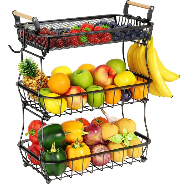 Customize Wire Mesh Fruit Storage Basket with Wooden Handle 2 Tier 3 Tier Metal Fruit Basket with Banana Hanger Fruit Basket