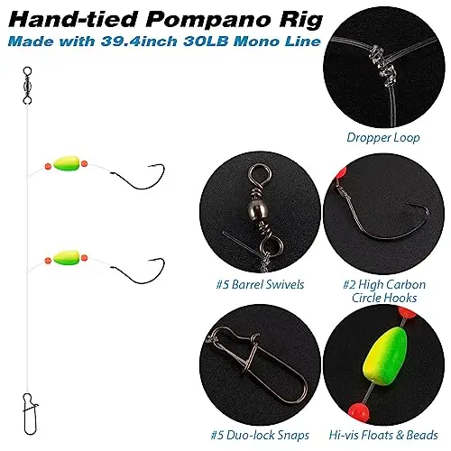 OEM 100cm  Surf Fishing Rigs Pre-Rigged Pompano Rigs with Pompano Floats Hook Swivel Snap Kit for Snapper Trout Redfish Redfish