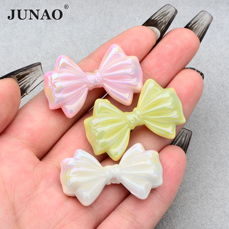 JUNAO Top Quality Colorful Bowknot Cabochon Headwear Jewelry 100pcs Resin Bow Beads Necklace Sewing Beads Wholesale For Children