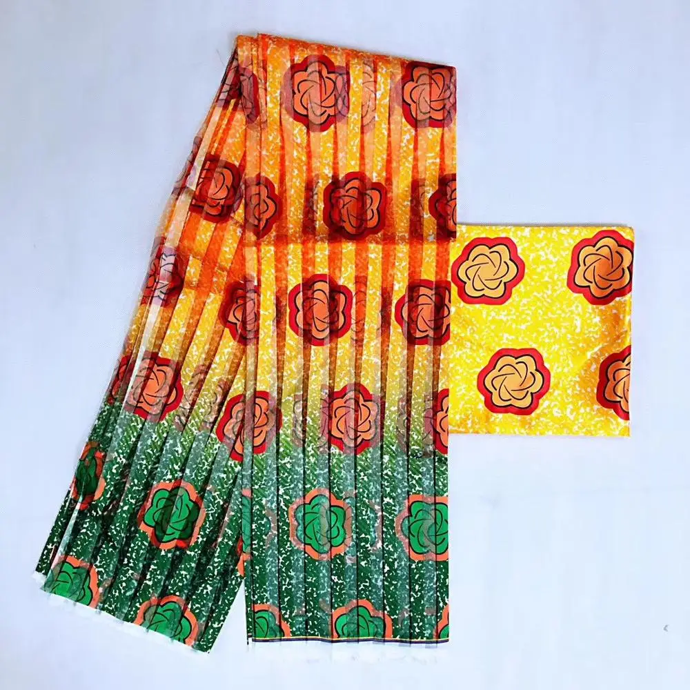 Атласная шелковая ткань с принтом в африканском стиле и восковым из органзы кружево для платья 4 Ярда лента 2 ярда шелковой ткани