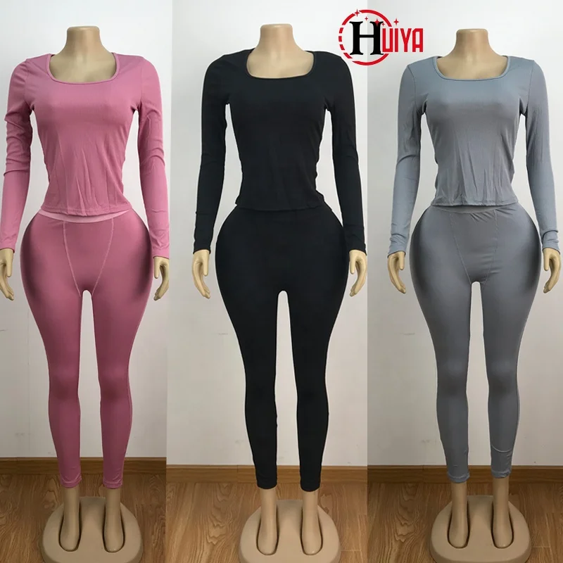 Hot Selling Fall 2024 Women Clothes Long Sleeve  2 Piece Set Ribbed Women With Legging Sports Solid Color Loungewear Women Sets