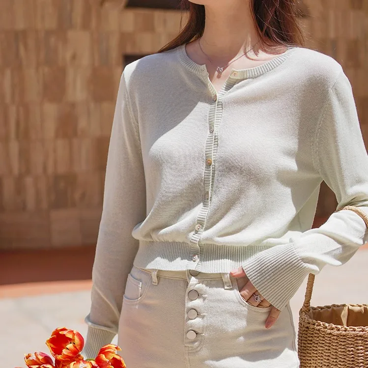 Linen Blend Sun Block Summer Out wear Women Knitted Button Short  Sweater Cardigan