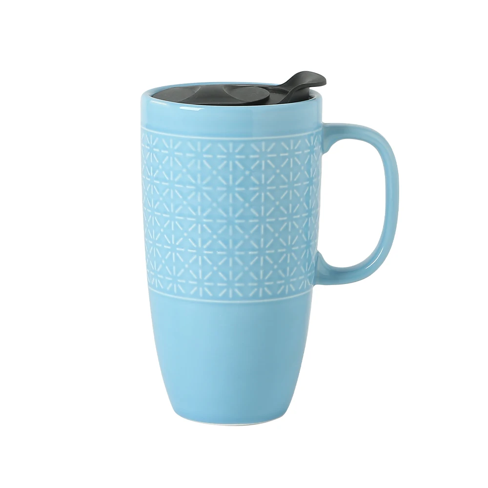 Tasse Casual On-glazed Blue Drinkware 2023 Cups Embossed Customised Stoneware Mugs Nordic Ceramic Coffee Travel Mug with Lid