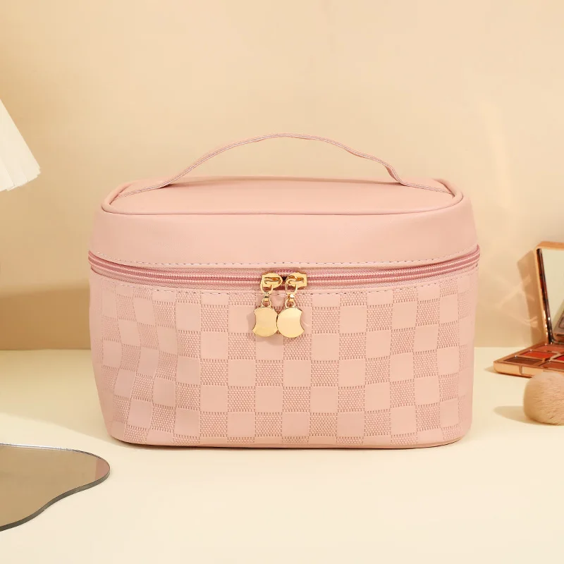 Beautiful Brown Makeup Bag Checked Pattern Wash Bags High Capacity Toiletry Bags for Trip