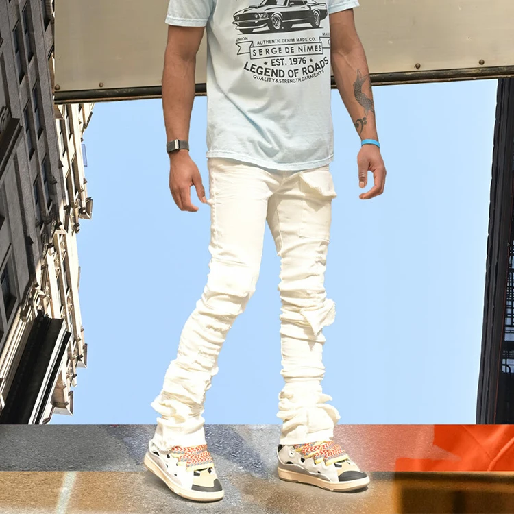 HuiLi High street fashion colorful jeans OEM brand multi pocket washed cargo denim pants slim fit custom stacked jeans men