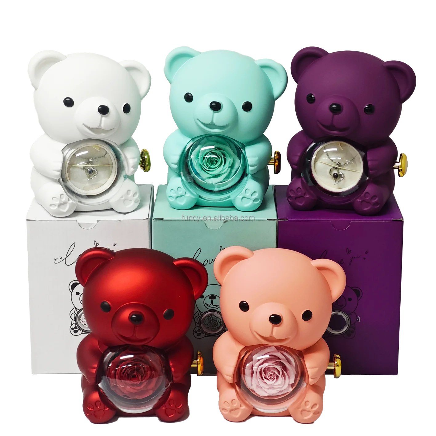 New Design Women Mom Wife Gifts Jewelry Gift Box Preserved Real Eternal Rotating Rose Teddy Bears with Necklace