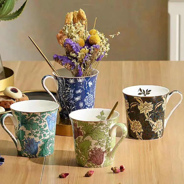 Wholesale 13oz Luxury European Bone China Tea Cup Vintage Printing Personalized William Sea Anemone Dandelion Ceramic Coffee Mug