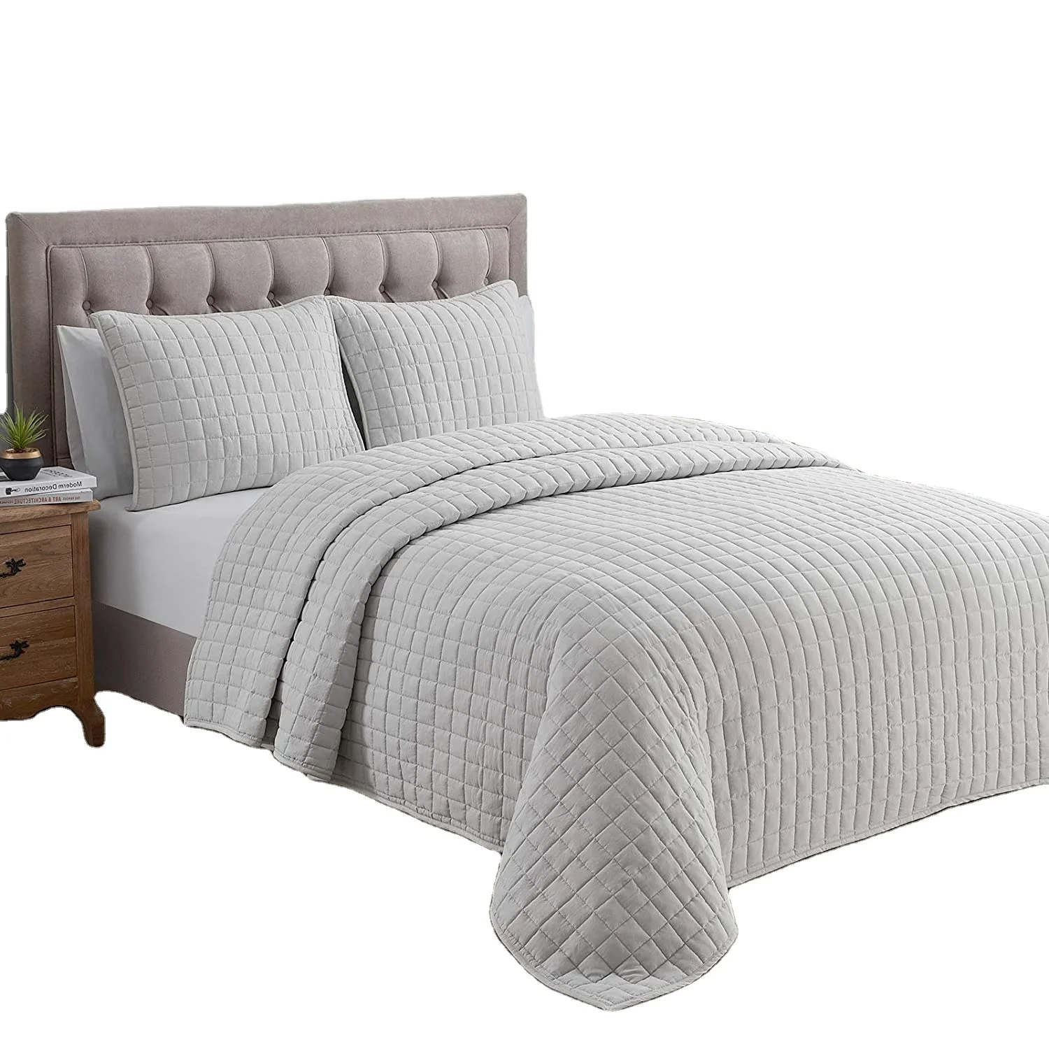 Quilt Set Reversible 3-Piece Quilt Set Microfiber Ultra Soft Lightweight Square Lattice Quilted Bedspread Coverlet Set