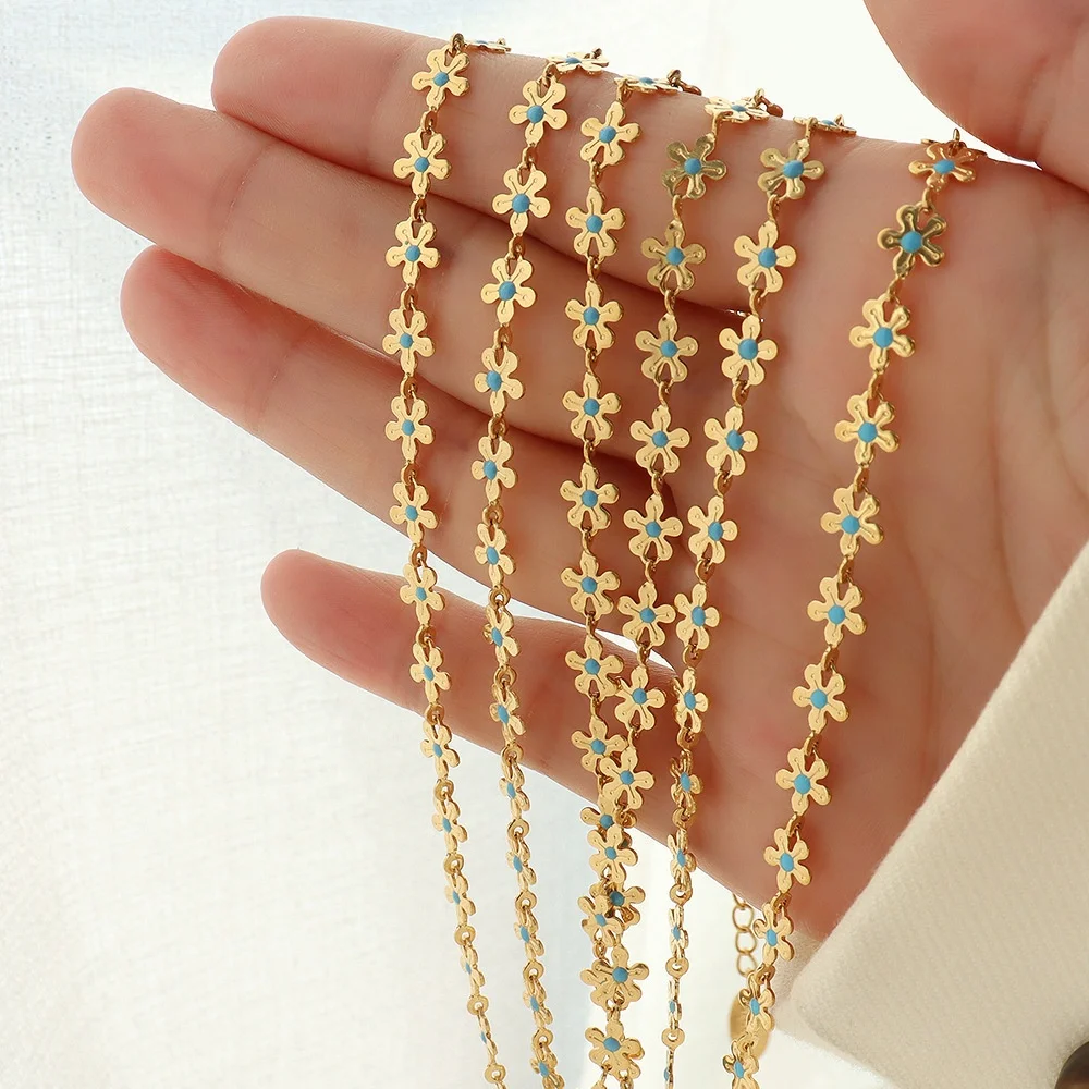 Aizhilin collares mujer 2024 New Style 18K Gold Stainless Steel Flower Blue Drop Oil Bracelet Joy Choker Jewelry Set For Girls