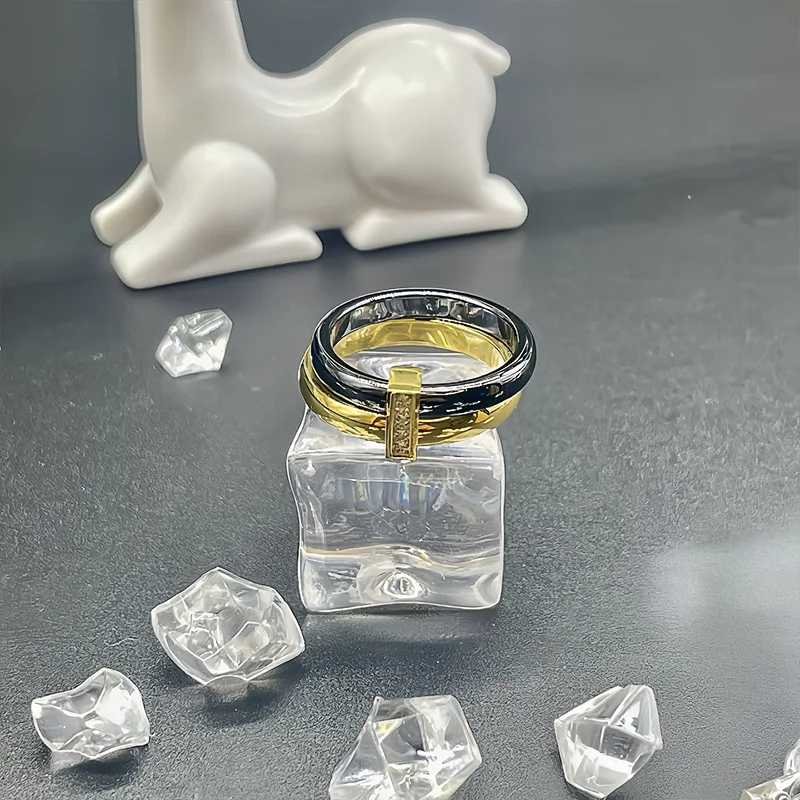 Wholesale Stainless Steel White Black Ceramic Diamond Ring Double Ring For Women or Men