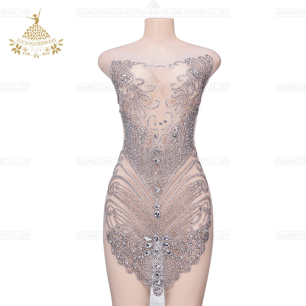 Handmade rhinestones applique on white net sew on beads crystal patches accessory for dress clothes