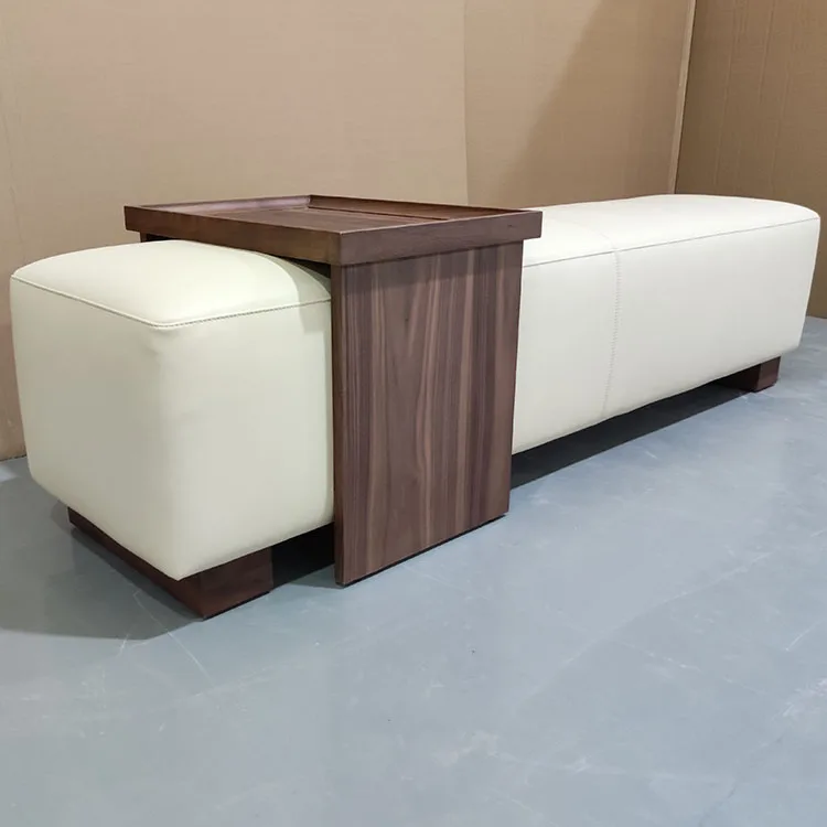Italian Light Luxury Upholstered Wooden Base Living Room Sofa Stool Leather Bed End Bench With Side Table
