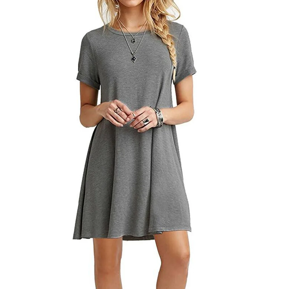 Women Sexy Solid Color Print A-Line Dress Round Neck Short Sleeve Casual Party Dresses Girls Above Knee Sweet Dress