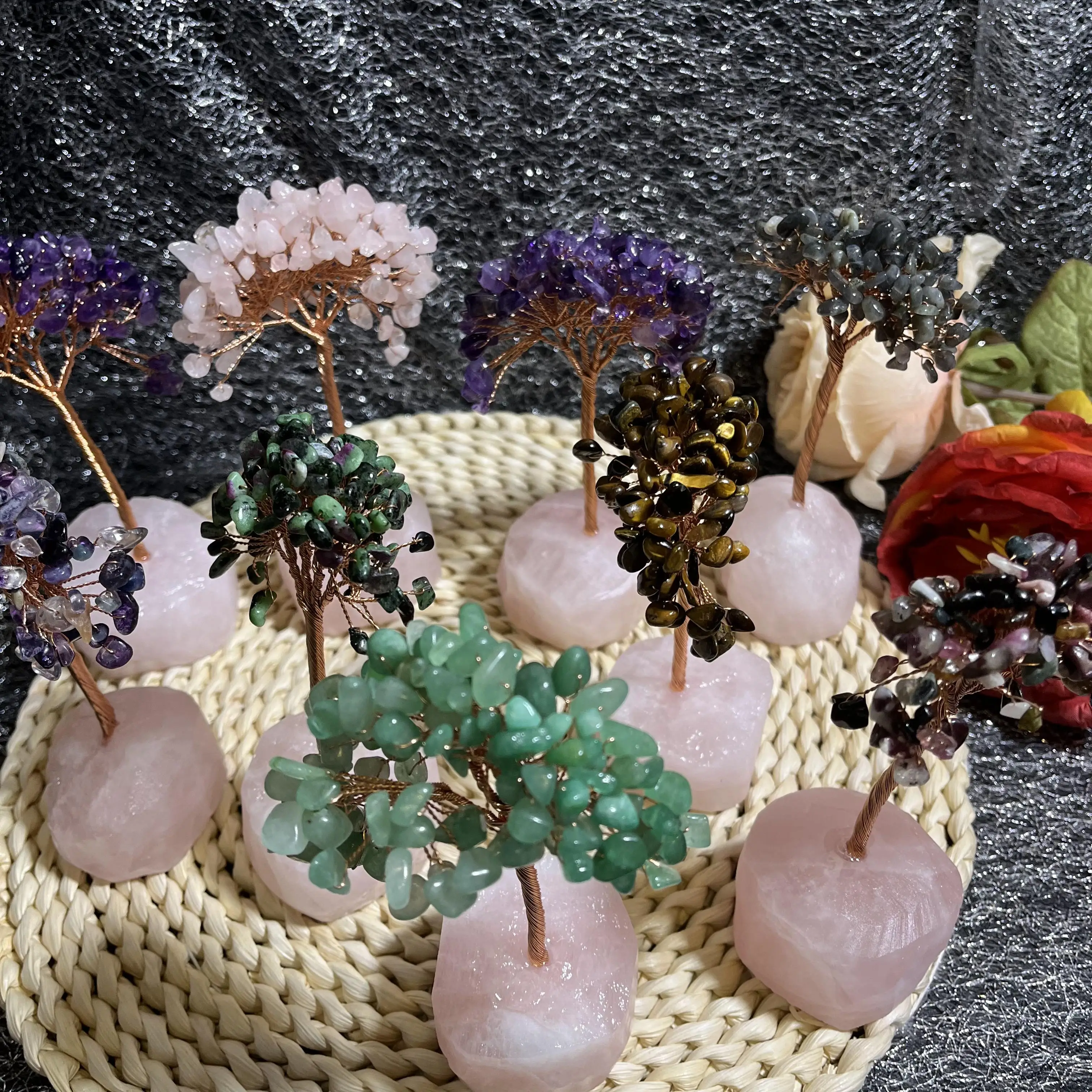 Crystal rose quartz base  life tree amethyst rose quartz lucky tree quartz crystal money tree folk crafts