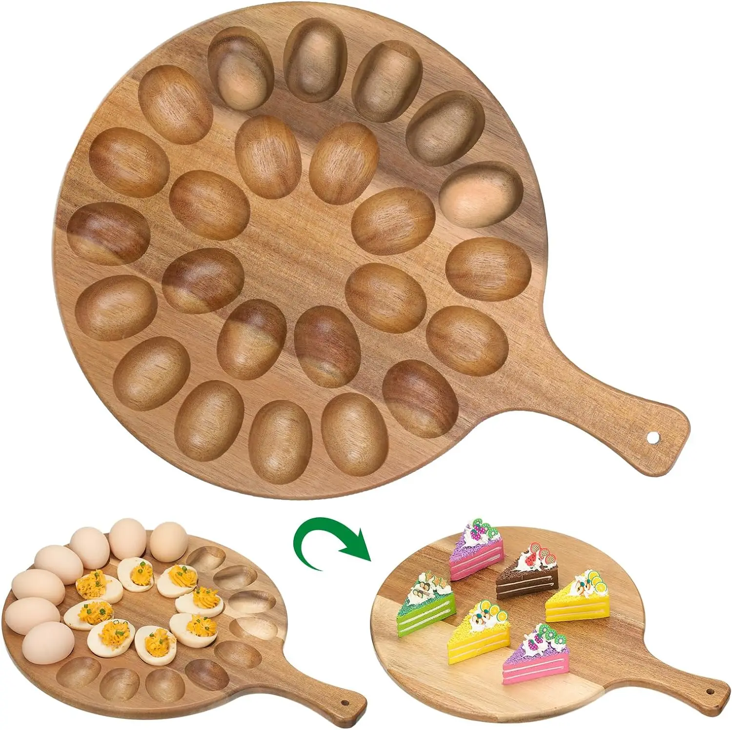 Reversible Wood Deviled Egg Platter and Charcuterie Board Thicken Egg Tray Countertop Refrigerator Chicken Egg Containers
