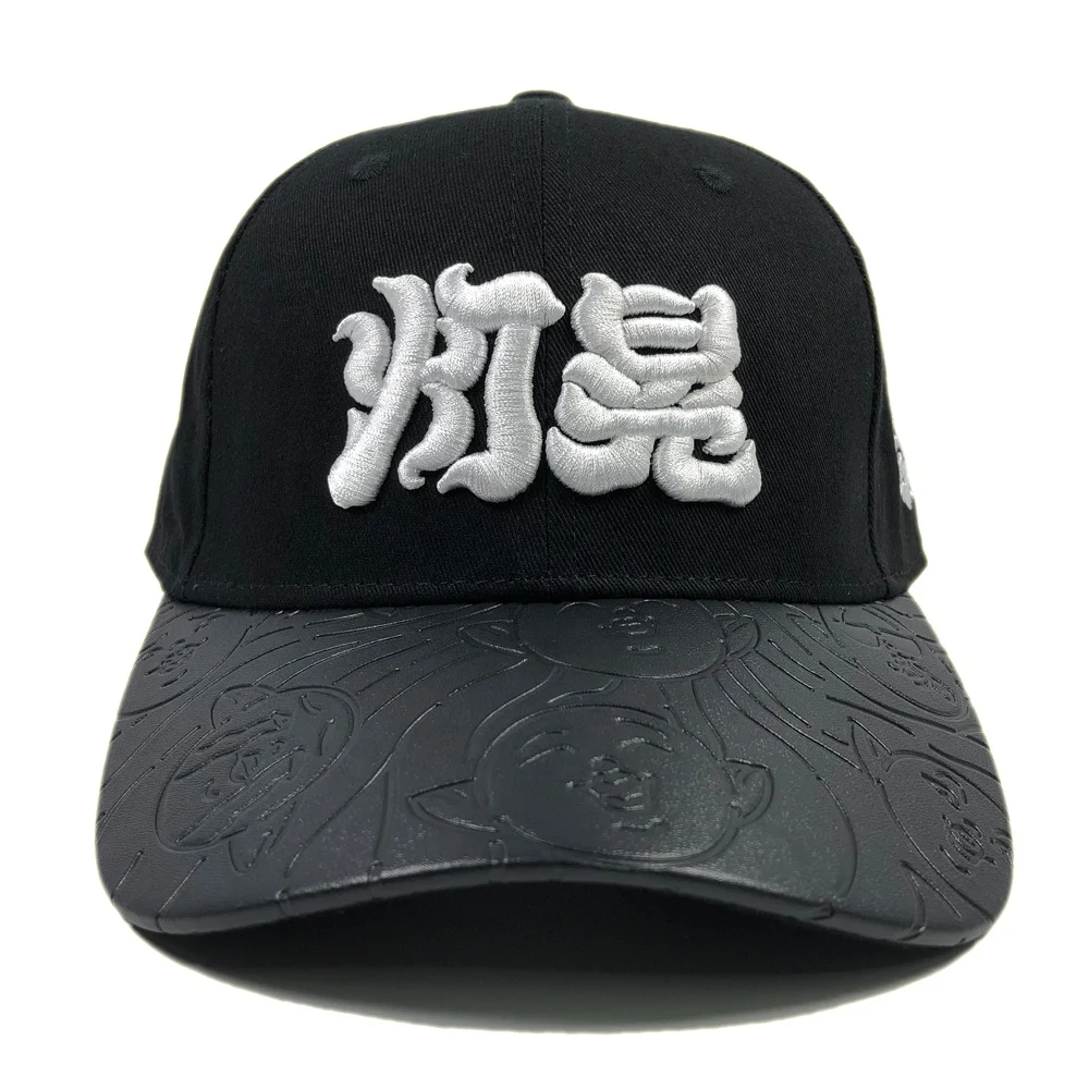 OEM 6 panel high quality cotton black sports logo custom baseball cap hats embroidery designs with leather brim