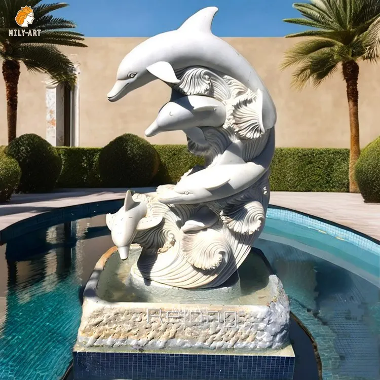 Hot Sale Custom Design White Marble Carving Dolphin Statues Sculpture  for Swimming Pool