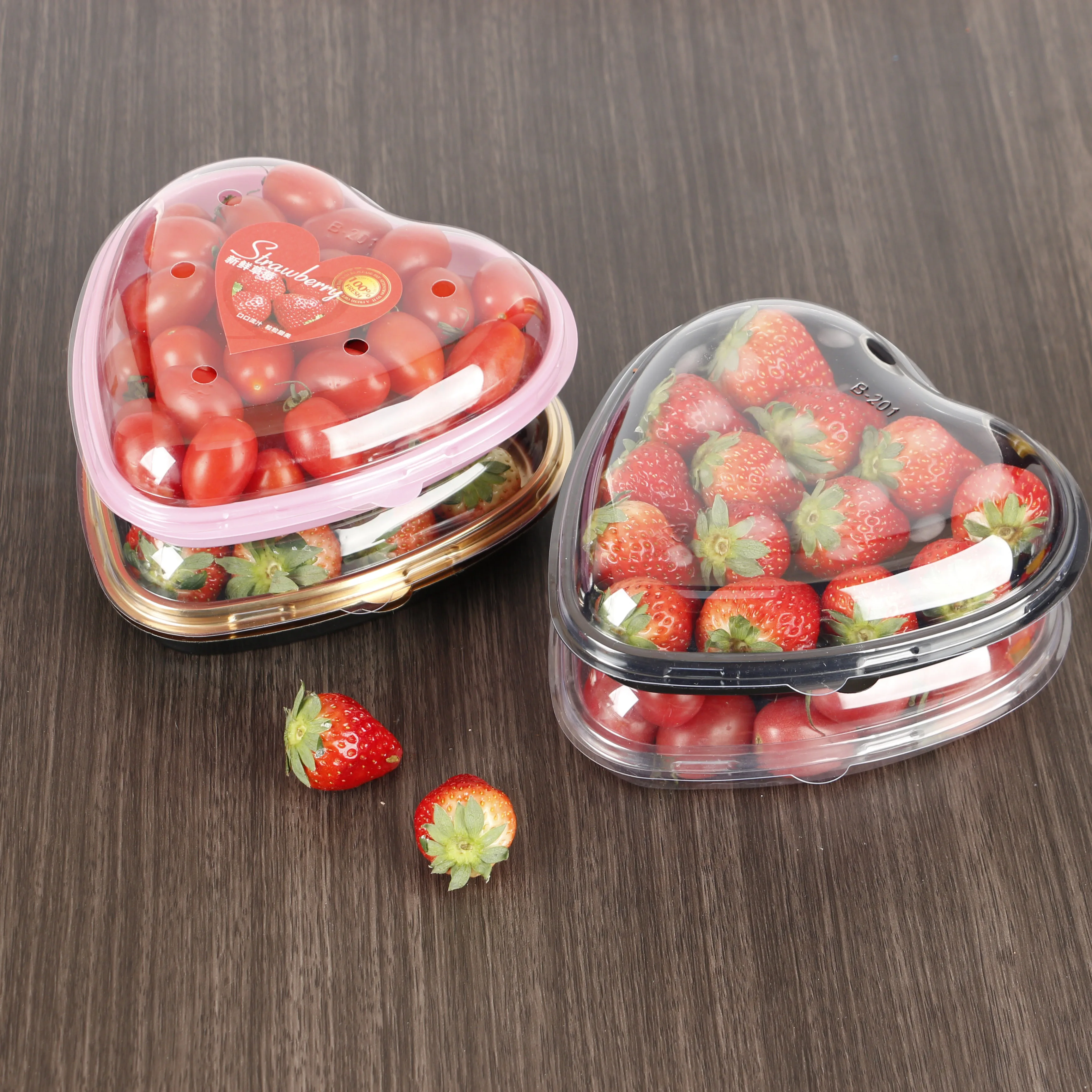 WholeSale Cheap Price Multiple Sizes Disposable Beautiful Heart Shaped Strawberry Cherries Plastic Gift Box for Packaging 500G