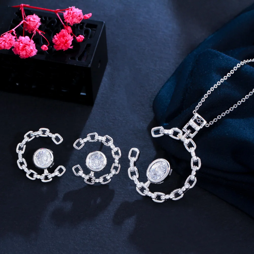 8 Colors Fashion Jewelry Sets Black CZ Crystal Half Round Circle Moon Cuban Chain Link Women Earrings and Necklace Memorial Day