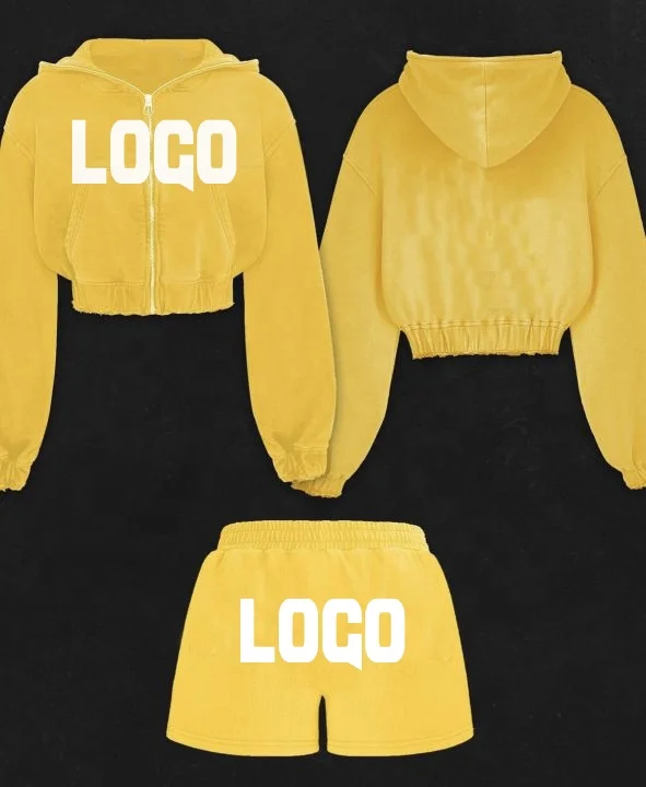 Unisex Heavyweight Distressed Zip Hoodie Shorts Set Custom Logo Cropped Sweatshirts Embroidered Technique Hooded Plus Size 2