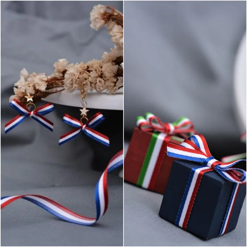 Fall In Color Christmas Customized Classic Tricolor Red White Blue Striped Ribbon Medal Hanging Rope Gift Box Packaging Ribbon