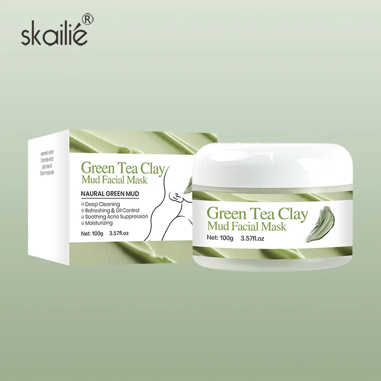 Private Label Herbal Anti Acne Repair Matcha Mud Facial Mask Pore Cleansing Oil Control Kaolin Green Tea Clay Mask