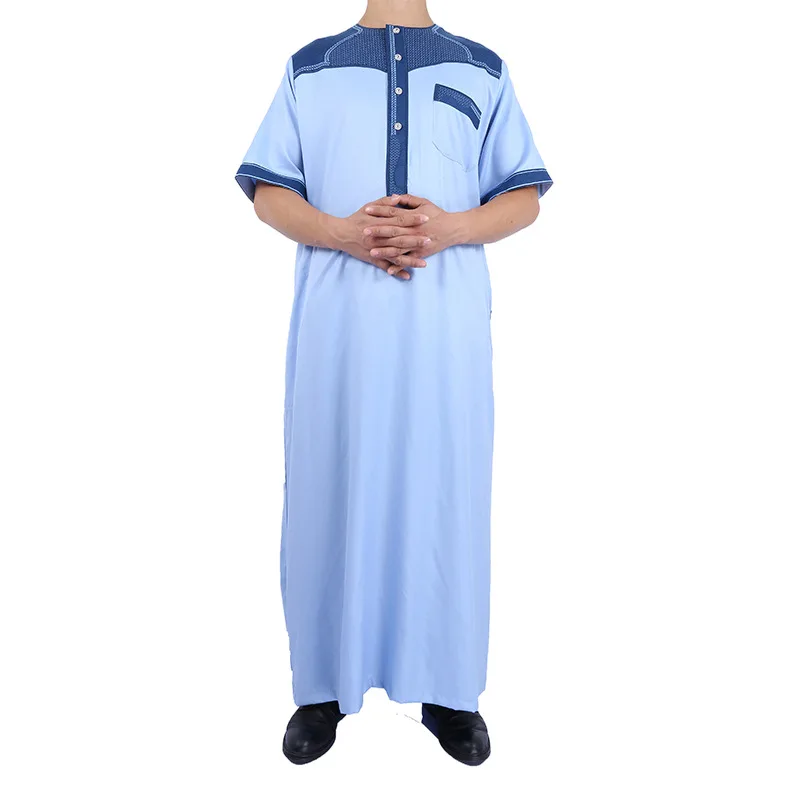 wholesale Summer Haramain Islamic Clothing for Men Moroccan Muslim Robe Loose Short Sleeve Linen Thobe
