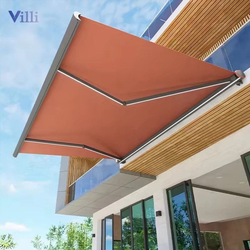 Commercial Residential Facade Outdoor Electric Retractable Awning Wind Resistant Automatic Aluminium Alloy Full Cassette Awning