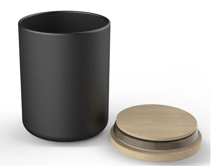 Deluxe black matt coating metal canister with airtight wood bamboo lid