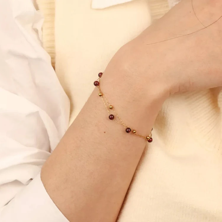 Chris April 316L stainless steel PVD gold plated double-layer chain natural gem women bulk small gold beaded bracelets