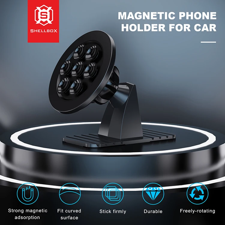 Shellbox bendable mounted strong stickness 360 rotating sucker attached magnetic car phone holder for car with retail package