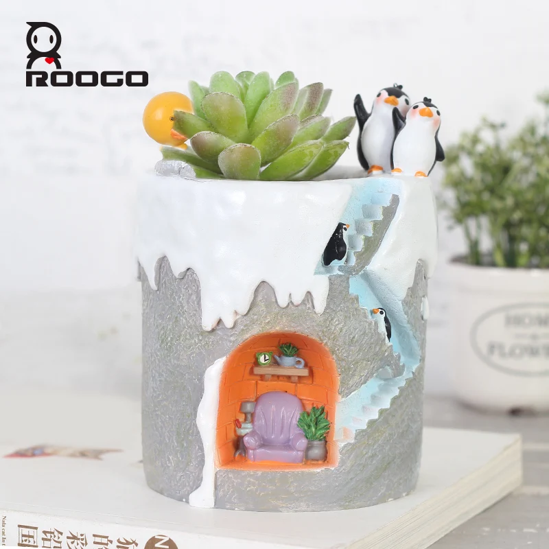 Roogo cute ice penguin flower pots succulent planter garden plant pots decoration