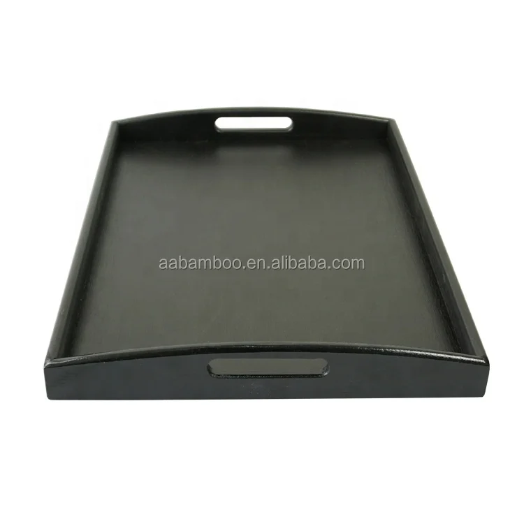 Bamboo wood rectangle black serving tray with handles