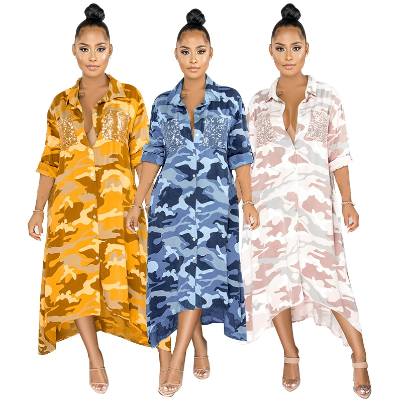 New arrival tshirt dress V neck loose camouflage printing half sleeve long dress for women casual women clothing dresses