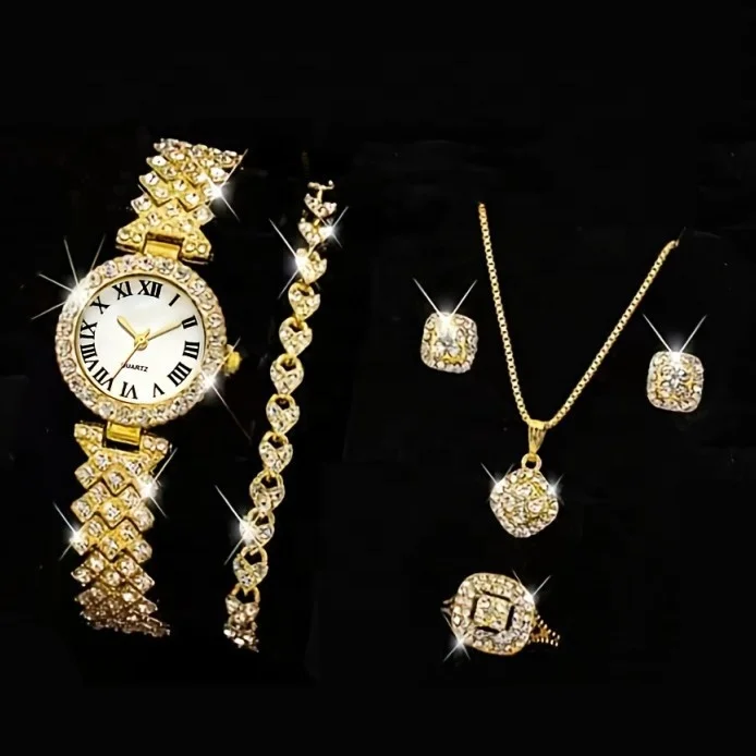 Factory made stock lady rhinestone watch bracelet necklace earrings rings set jewelry with black case packaged