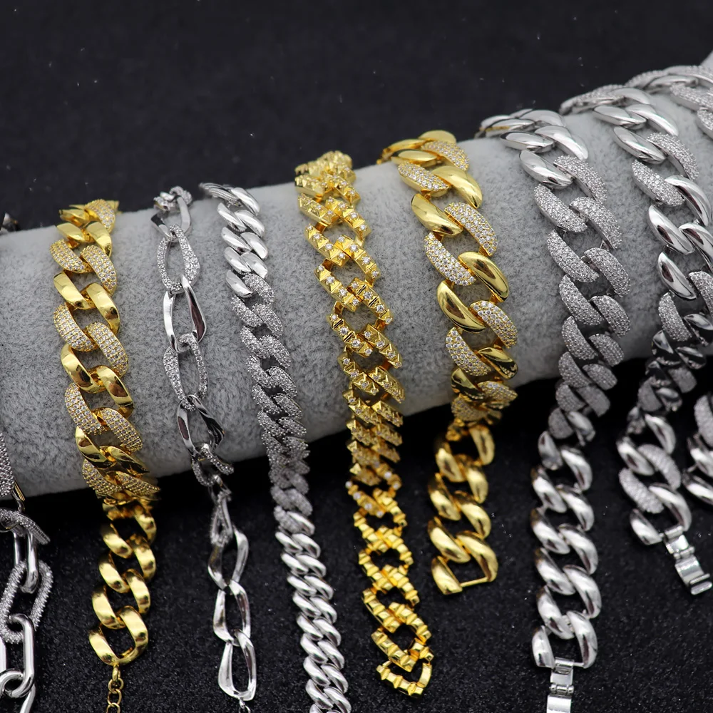 Wholesale Hot Sale Brass Cuban Link Chain Hip Hop Bracelet Men 18 Karat Gold Bracelet