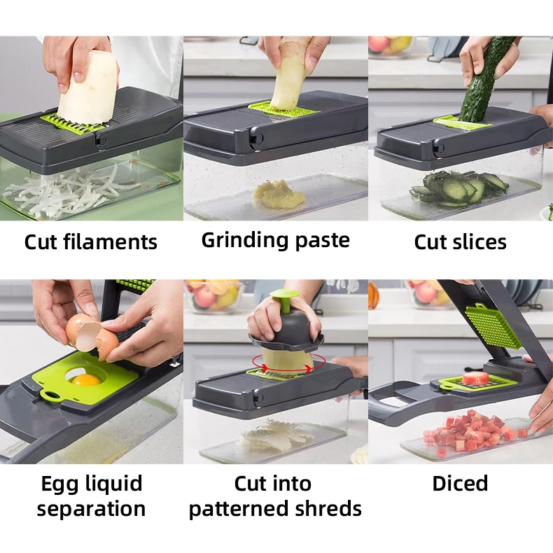 High quality 12 in 1 potato tomato cutter galic masher kitchen tool plastic Fruit & Vegetable chopper with Drain Basket