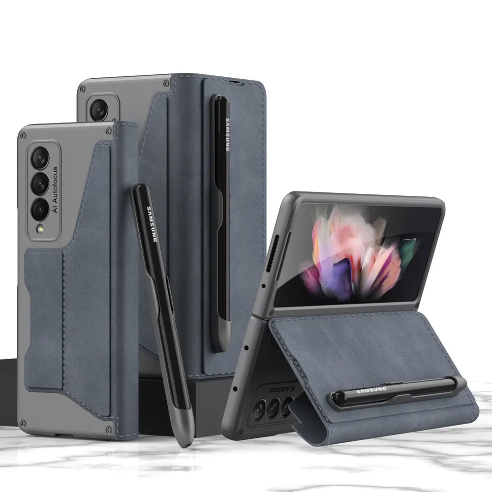 New Microfiber Foldable Flip Protective Phone Cover for Samsung Galaxy Z Fold 3 Wallet Pen Slots Multifunctional Cellphone Case