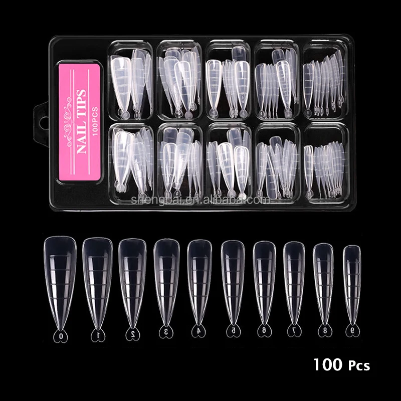 OM 100 Pcs Box Press on Nail with Scale Calibration Clear Transparent Poly Acrylic False Nail Extended Nail Tips