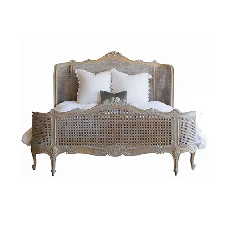 French Bedroom Classic Wood Antique King-size Carved Rattan Bed Custom Furniture Solid Wood Woven Cane Bed