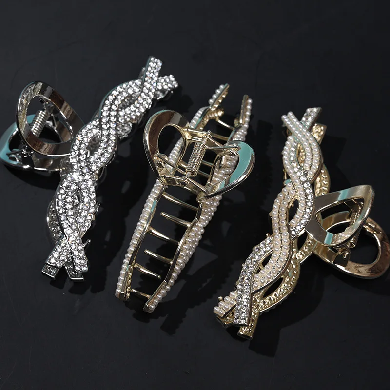 CYX670 Fashion Simple New Hair Accessories Ins Gold Plated Crystal Rhinestone Metal Pearl Shark Large Hair Claw