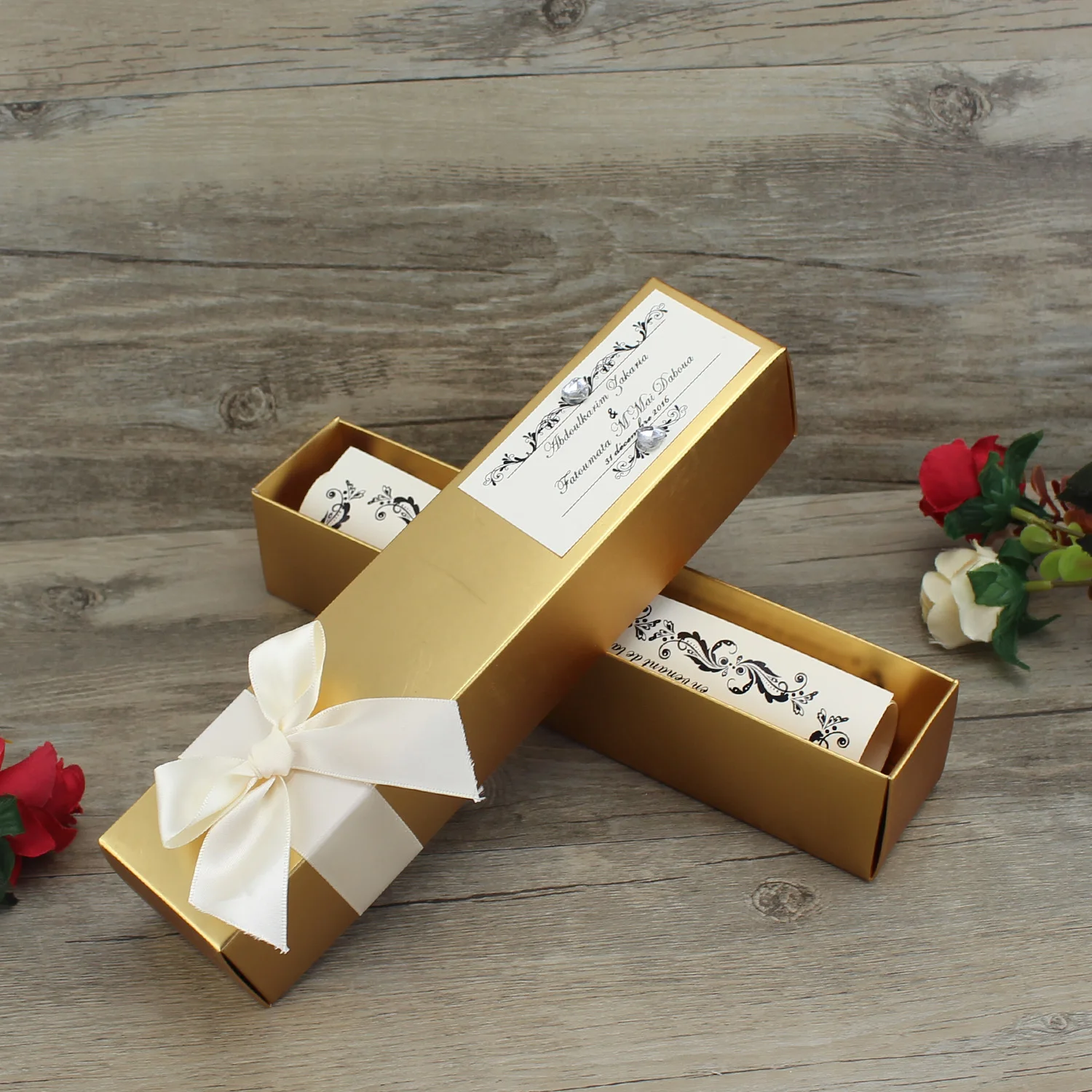 Luxury Royal Gold Scroll Box Wedding Invitation Cards With Buckle And Ribbon