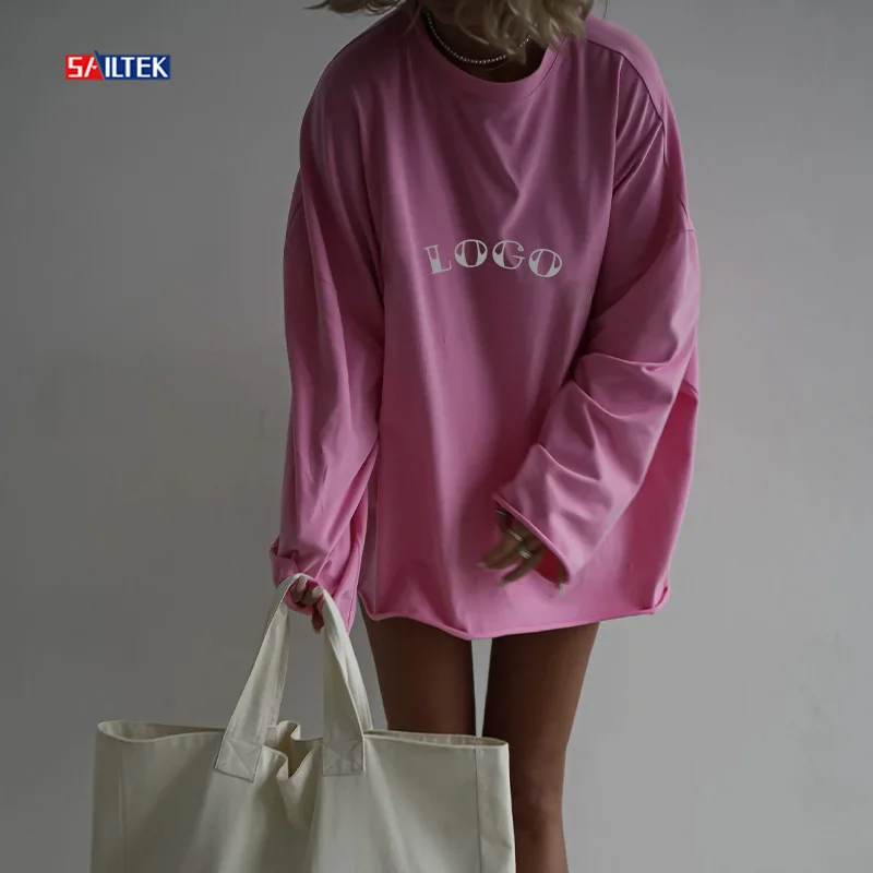 2024 New fashion design pink long sleeve shirts women custom comfy 100% cotton shirt oversized t-shirt for women
