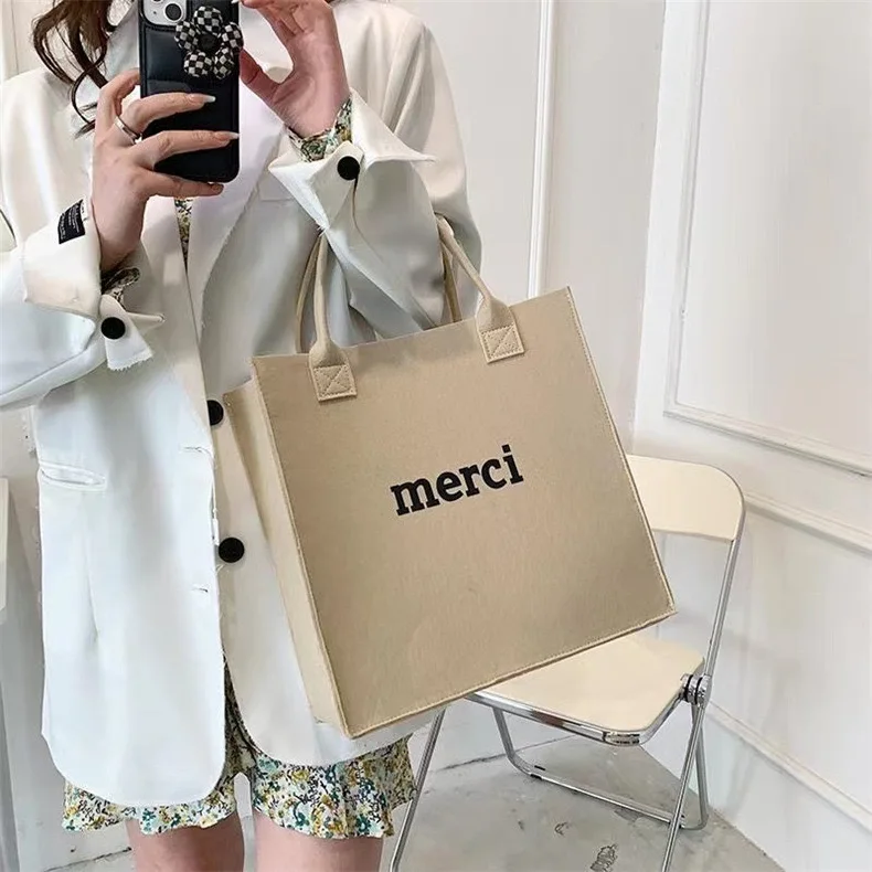 Custom Logo Felt Fabric Tote Bag Eco Friendly Reusable Shopping Bag for Women