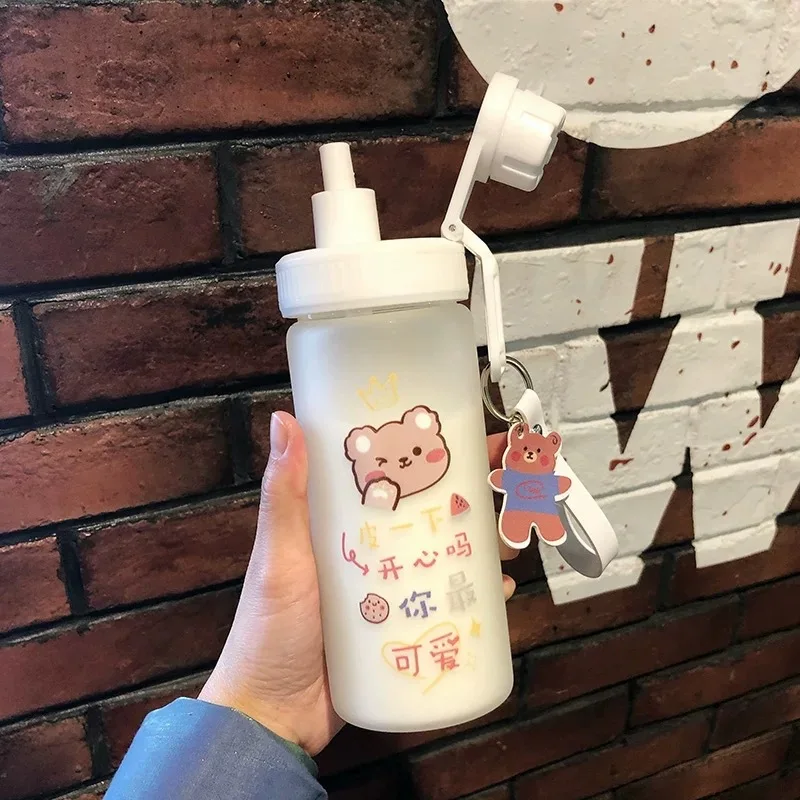 Fashion Cartoon Cute Bear Glass Bottles With Straw Simple Colorful Drinking Water