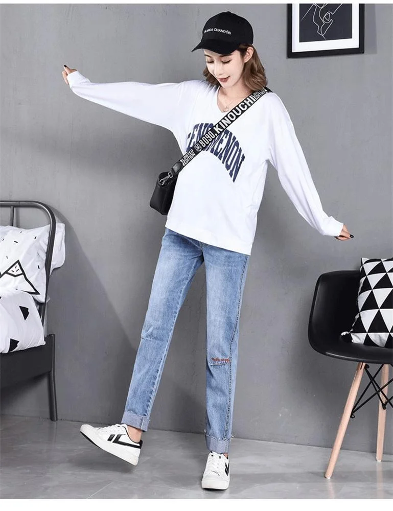 Потертая джинсовая ткань для беременных прямые джинсы стрейтч Осенняя мода Высокая талия живот брюки для беременных женщин