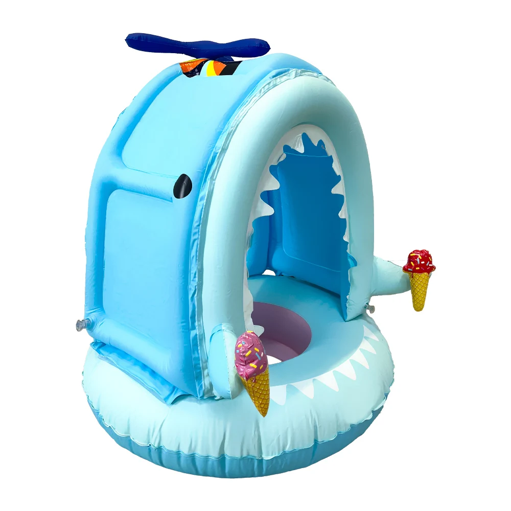 High Quality Cartoon Baby swimming ring inflatable sharks seat baby boat swimming aid with sun protection for children