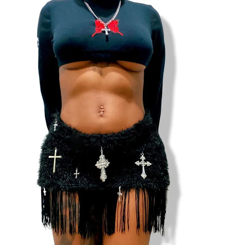 High Waist Cross Print Tassel Fluffy Mini Dress Summer Fashion Casual Spice Girl Skirt Women