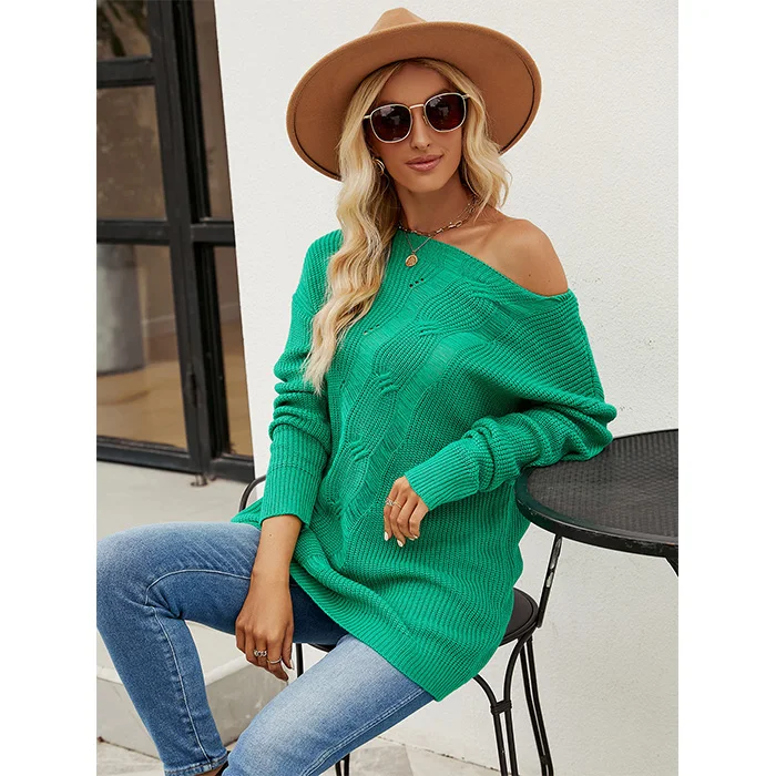 Custom Oem Solid Color Knitwear O-Neck Casual Loose Pullover Hollow Out Jumper Cable Off Shoulder Sexy Sweater For Women